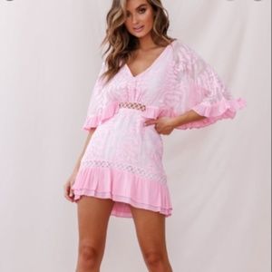 Caspar Leafy Embroidered cape Dress Baby Pink